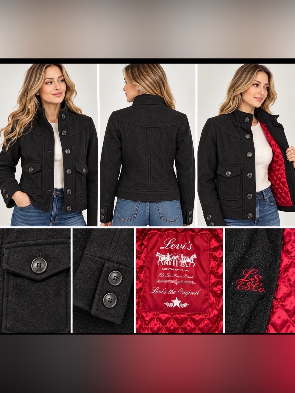 Levi’s Black / Charcoal Wool Blend Jacket Red Quilted Lining Women’s